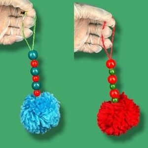 Blue, Green, And Red Fluffy Pom Pom Beaded Christmas Ornaments - Set Of 2 - “Cal